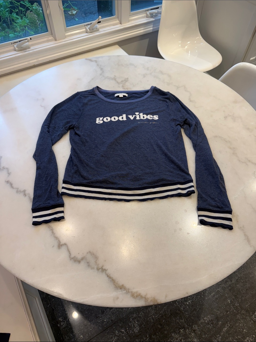 SPIRITUAL GANGSTER Navy Long-Sleeve Tee with White 'good vibes' Print